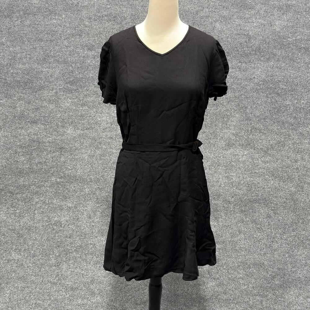 Polo Ralph Lauren Dress Womens Medium Black V Neck Belted Flare Puff Sleeve